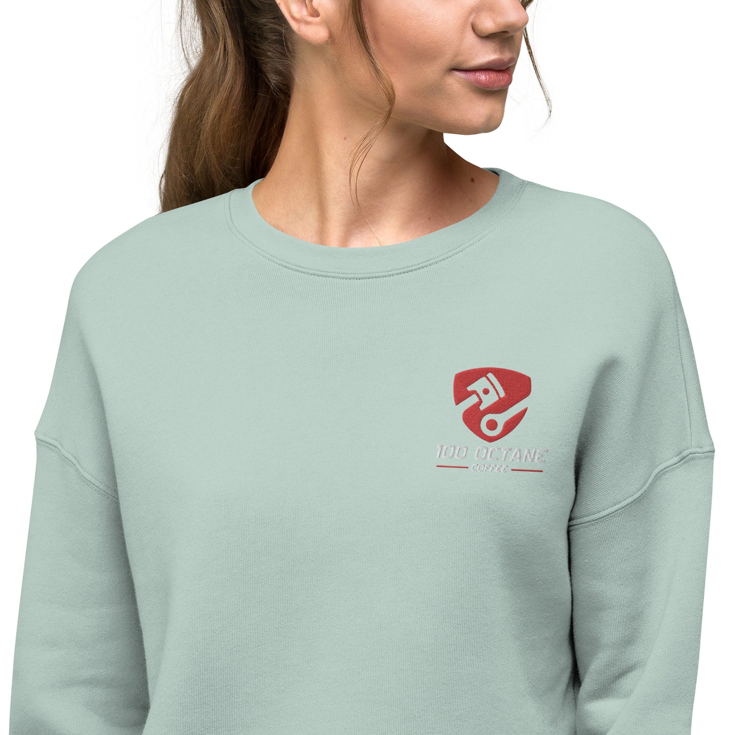Red & White Embroidery Logo Women Crop Sweatshirt